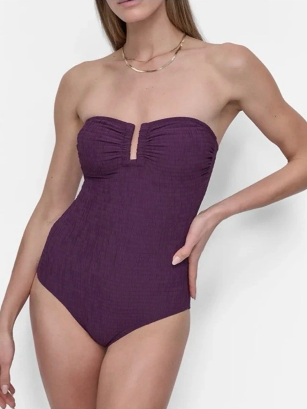 DKNY Strapless Ruched V-Notch One-Piece Swimsuit — Deep Plum